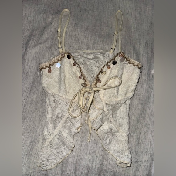 Tops - Cream Lace Tie-Front Top with Sequin Details